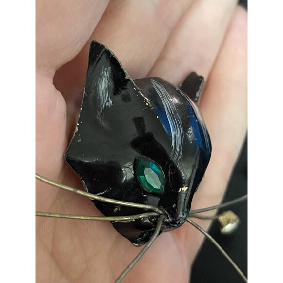 RARE Vintage Unsigned CORO CAT Head Fur Clip Rhinestone Eyes Black Cat - Picture 8 of 16
